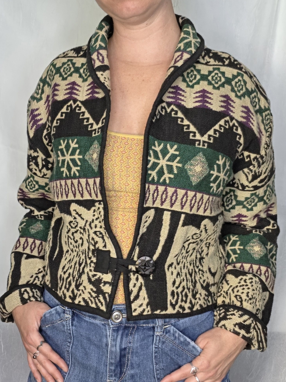 Vintage Woven Tapestry Cropped Geometric Southwestern Nature Leopard Jacket Med